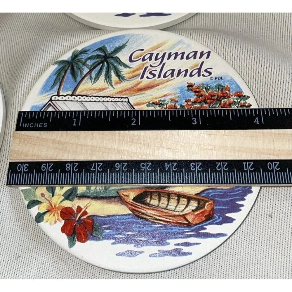Cayman Islands Ceramic Round Coasters Set Of 4 House Church Water Scene‎ NEW 4”